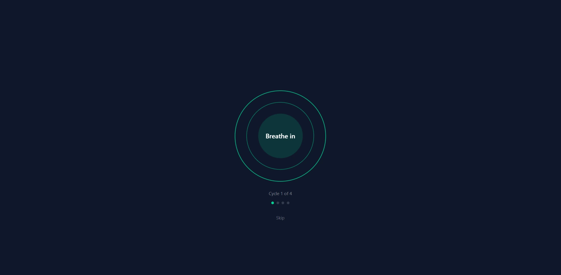 The guided breathing exercise before a mock: a slow, expanding circle that says Breathe in, cycle 1 of 4