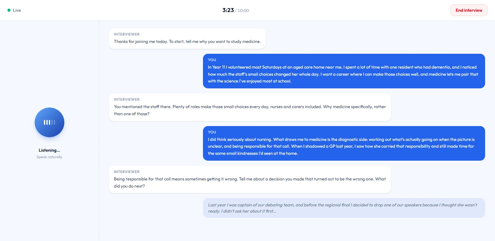 A live AI interview: the interviewer speaking, and the transcript of the conversation so far, including a follow-up question