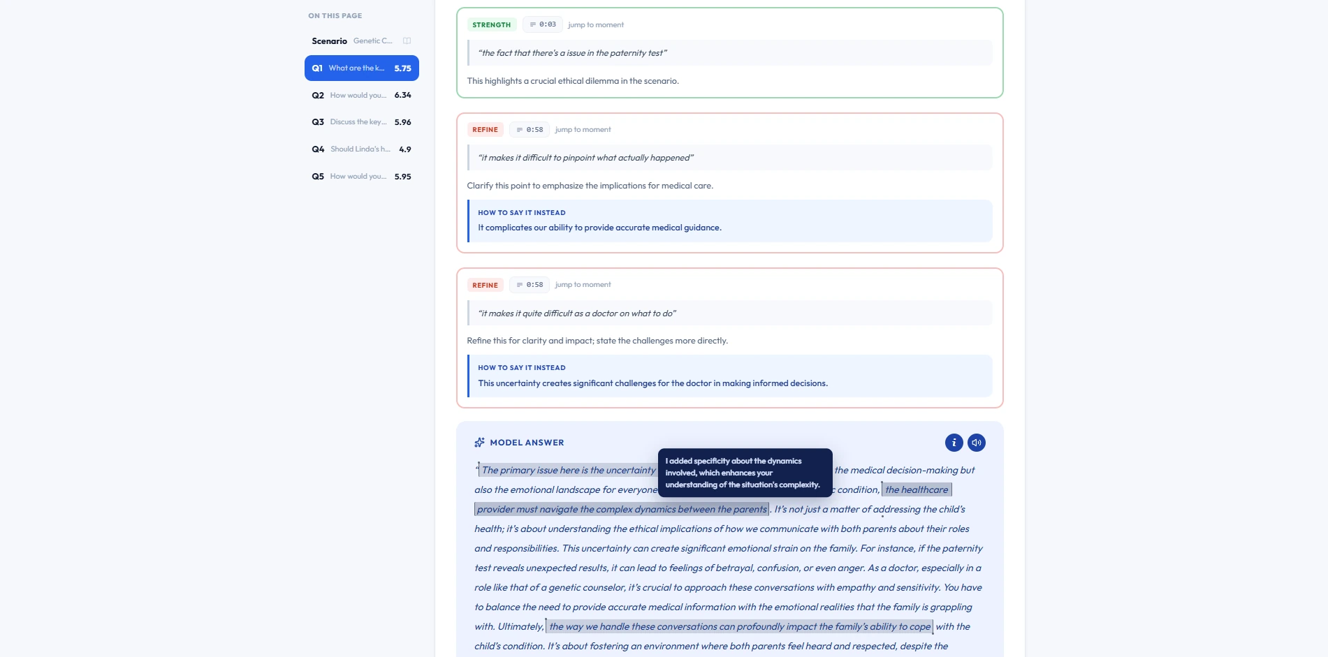 A session report: quotes from the answer marked as strengths or to refine, how to say it instead, and a model answer